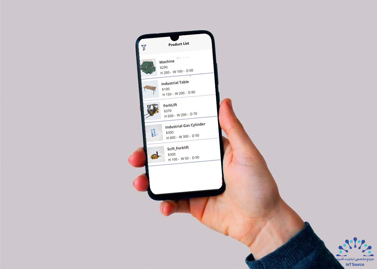 توسعه اپلیکیشن واقعیت ترکیبی (Mixed Reality) مبتنی بر Power Apps برای تولیدکننده ماشینآلات صنعتی: مطالعه موردی 14 نمای صفحه نمایش لیست محصولات از اپلیکیشن واقعیت ترکیبی Power Apps